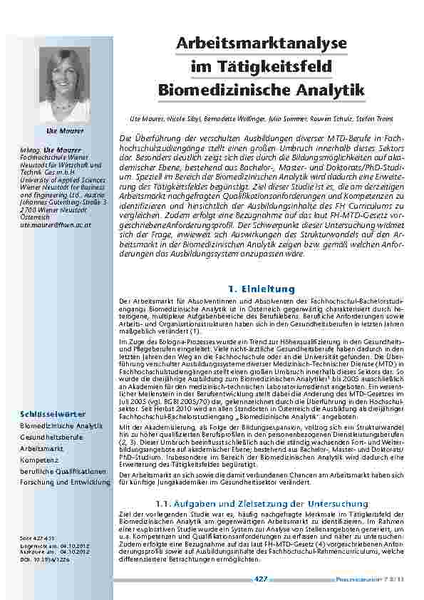 [doc_201309] Arbeitsmarktanalyse im Tätigkeitsfeld Biomedizinische Analytik
