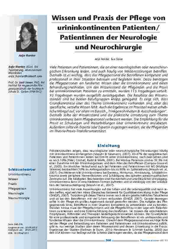 [doc_201295] Wissen und Praxis der Pflege von urininkontinenten Patienten/Patientinnen der Neurologie und Neurochirurgie