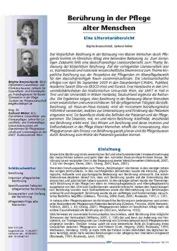 Berührung in der Pflege alter Menschen.Eine Literaturübersicht