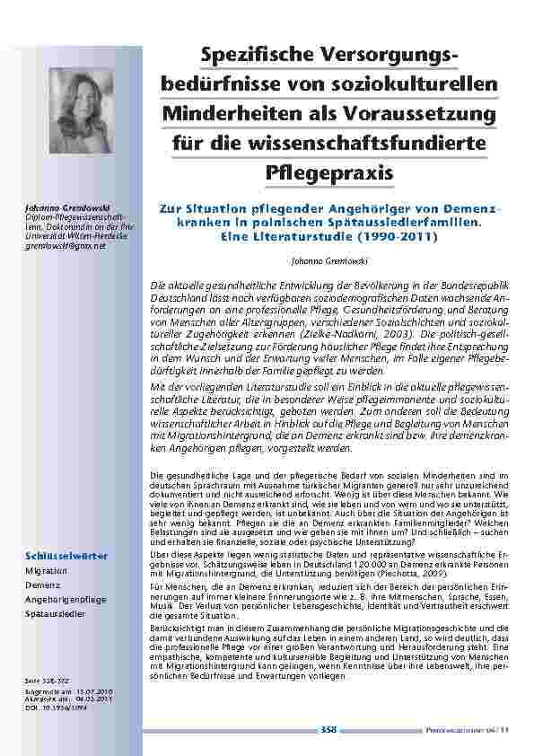 Spezifische Versorgungsbedürfnisse von soziokulturellen Minderheiten als Voraussetzung für die wissenschaftsfundierte Pflegepraxis. Zur Situation pflegender Angehöriger von Demenzkranken in polnischen Spätaussiedlerfamilien. Eine Literaturstudie (1990-201