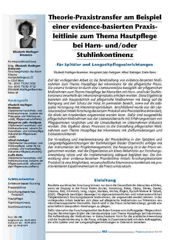 Theorie-Praxistransfer am Beispiel einer evidence-basierten Praxisleitlinie zum Thema Hautpflege bei Harnund/oder Stuhlinkontinenz für Spitäler und Langzeitpflegeeinrichtungen