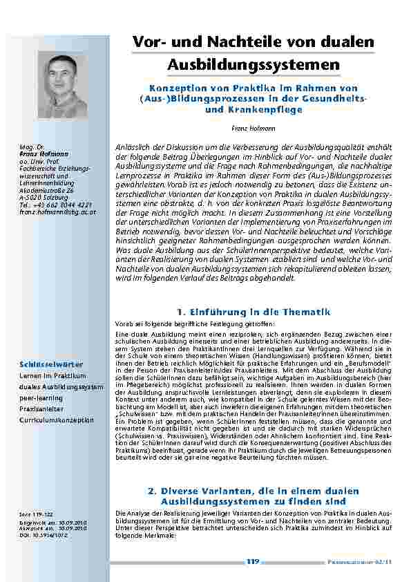 Vorund Nachteile von dualen Ausbildungssystemen. Konzeption von Praktika im Rahmen von (Aus-)Bildungsprozessen in der Gesundheitsund Krankenpflege