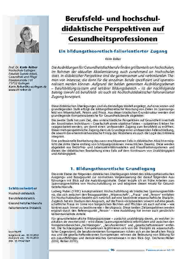 Berufsfeldund hochschuldidaktische Perspektiven auf Gesundheitsprofessionen. Ein bildungstheoretisch-fallorientierter Zugang