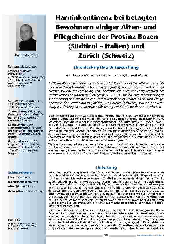 Harninkontinenz bei betagten Bewohnern einiger Altenund Pflegeheime der Provinz Bozen (Südtirol – Italien) und Zürich (Schweiz). Eine deskriptive Untersuchung