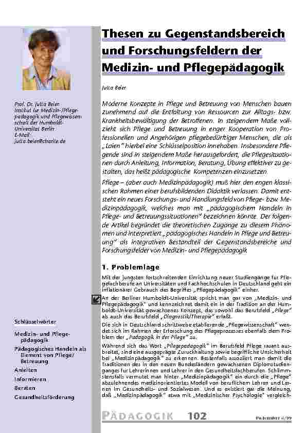 Thesen zu Gegenstandsbereich und Forschungsfeldern der Medizinund Pflegepädagogik