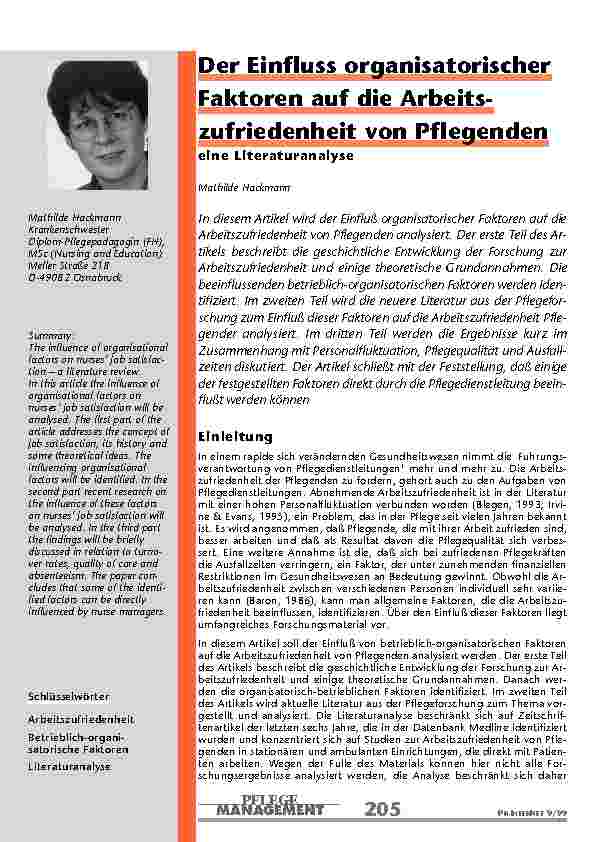 Der Einfluss organisatorischer Faktoren auf die Arbeits-zufriedenheit von Pflegenden