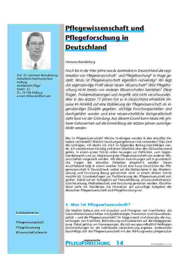 Pflegewissenschaft und Pflegeforschung in Deutschland
