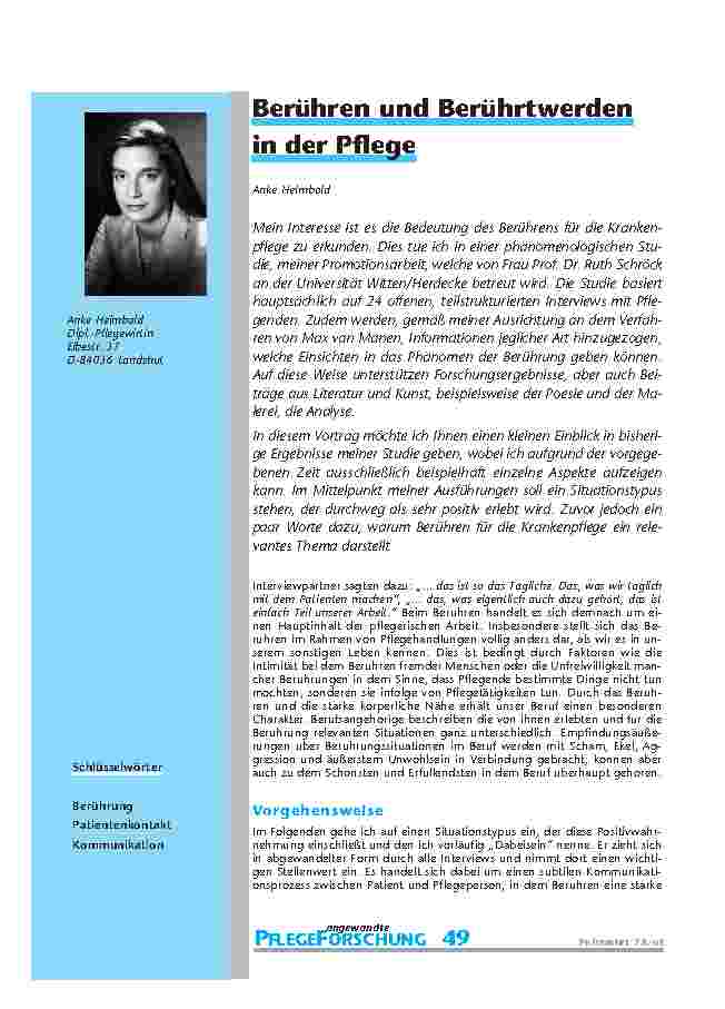 Berühren und Berührtwerden in der Pflege