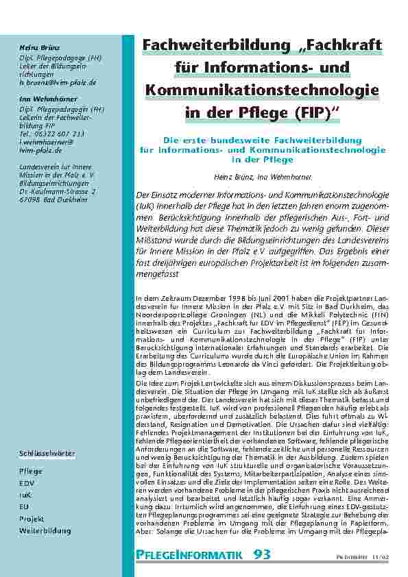 Fachweiterbildung „Fachkraft für Informationsund Kommunikationstechnologie in der Pflege (FIP)“
