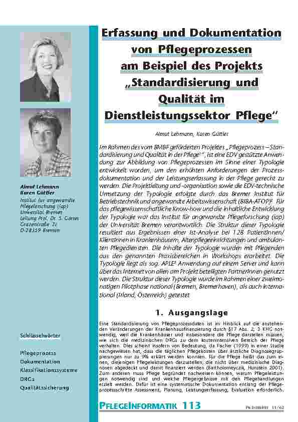 Erfassung und Dokumentation von Pflegeprozessen am Beispiel des Projekts „Standardisierung und Qualität im Dienstleistungssektor Pflege“