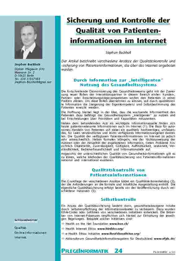 Sicherung und Kontrolle derQualität von Patienteninformationenim Internet
