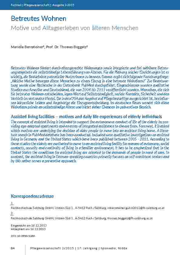 Betreutes WohnennMotive und Alltagserleben von älteren Menschen