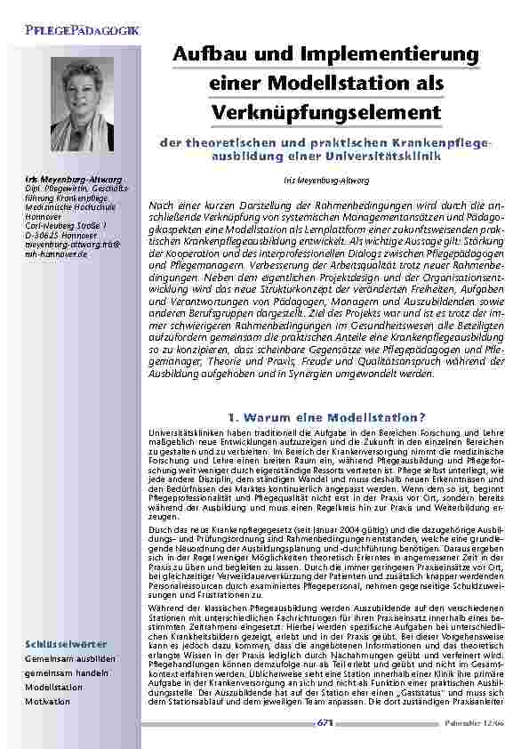 [doc_200429] Aufbau und Implementierungeiner Modellstation alsVerknüpfungselementder theoretischen und praktischen Krankenpflegeausbildungeiner Universitätsklinik
