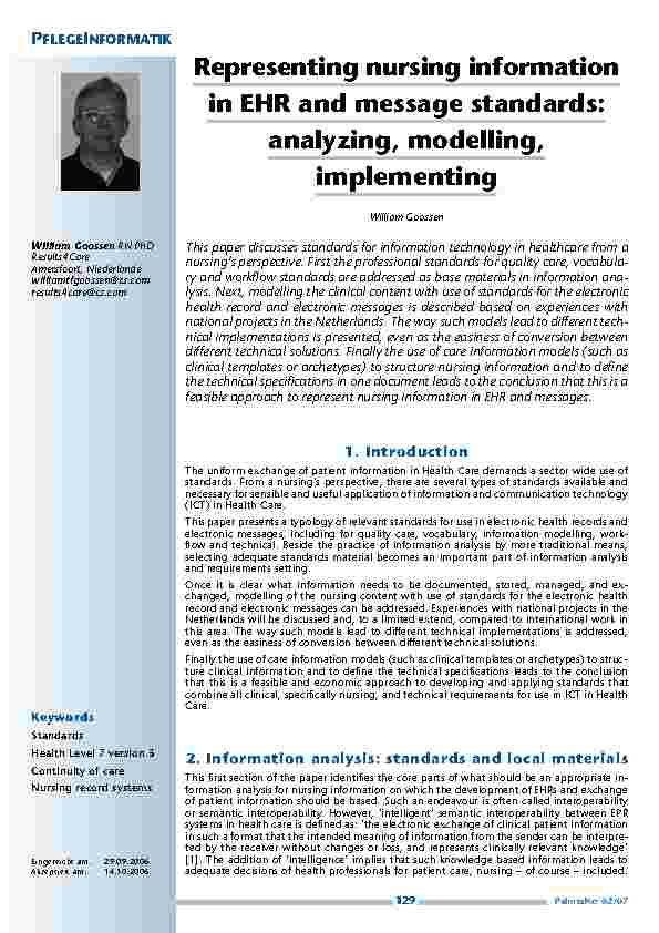 Die Darstellung von Pflegeinformationendurch EHR (Electronic Health Record) und Nachrichtenstandards: Analyse, Gestaltung, Implementierung