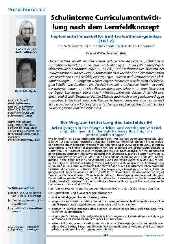 [doc_200383] Schulinterne Curriculumentwicklungnach dem Lernfeldkonzept - Implementationsschritte und Evaluationsergebnisse am Schulzentrum für Krankenpflegeberufe in Hannover. (Teil 2)