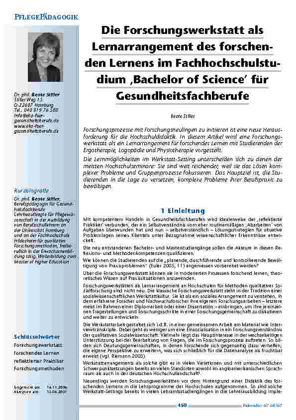 [doc_200375] Die Forschungswerkstatt alsLernarrangement des forschendenLernens im Fachhochschulstudium‚Bachelor of Science’ fürGesundheitsfachberufe