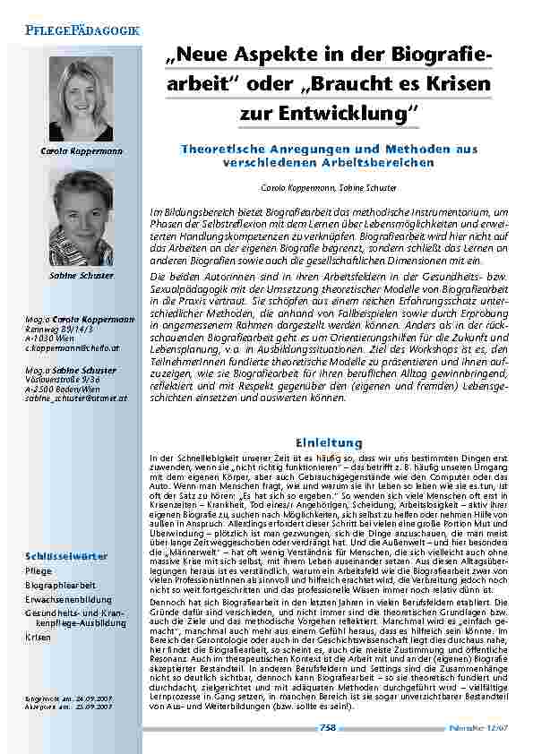 [doc_200342] „Neue Aspekte in der Biografiearbeit“ oder „Braucht es Krisen zur Entwicklung“? Theoretische Anregungen und Methoden aus verschiedenen Arbeitsbereichen