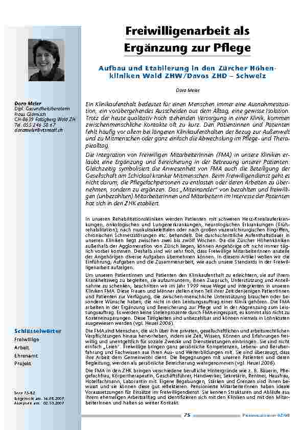 [doc_200323] Freiwilligenarbeit alsErgänzung zur PflegeAufbau und Etablierung in den Zürcher HöhenklinikenWald ZHW/Davos ZHD – Schweiz