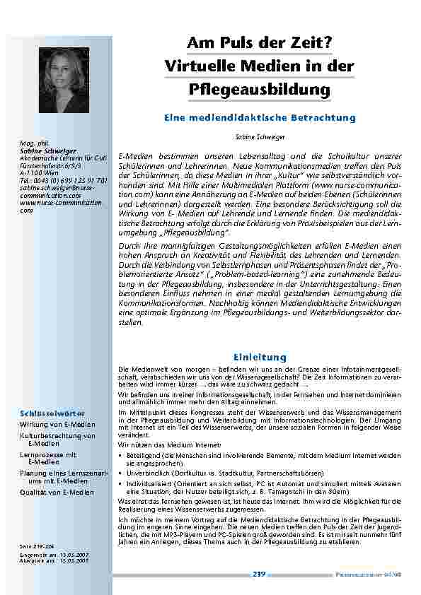 [doc_200295] Am Puls der Zeit? Virtuelle Medien in der PflegeausbildungEine mediendidaktische Betrachtung