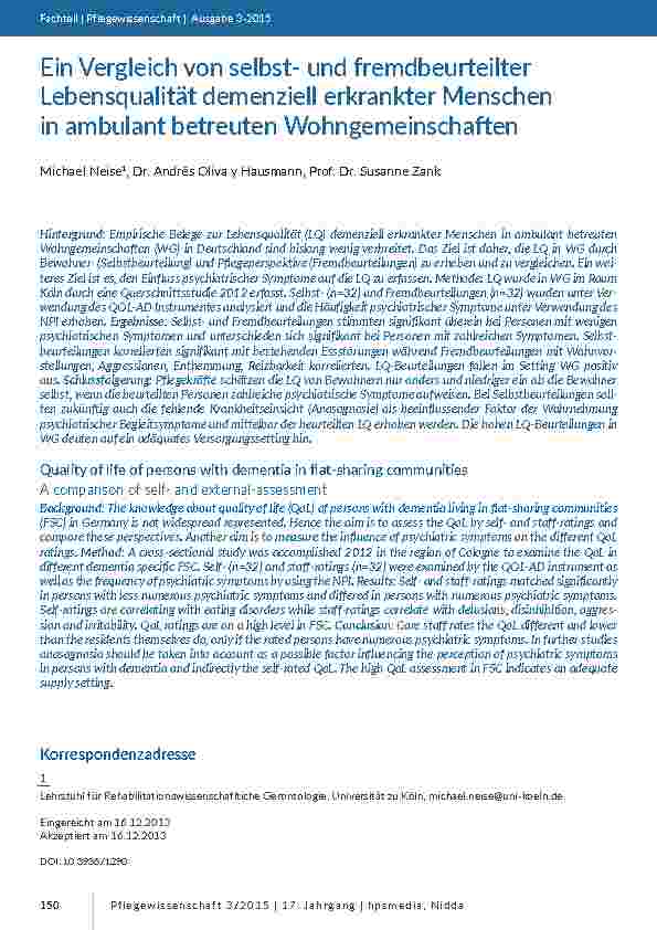 [doc_200277] Ein Vergleich von selbstund fremdbeurteilter Lebensqualität demenziell erkrankter Menschen in ambulant betreuten Wohngemeinschaften