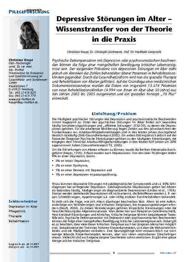 [doc_200265] Depressive Störungen im Alter – Wissenstransfer von der Theorie in die Praxis
