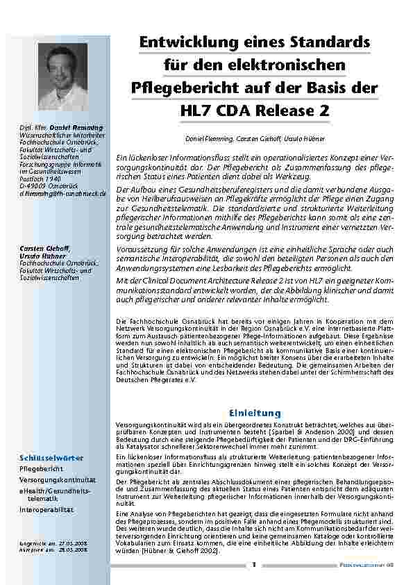Entwicklung eines Standards für den elektronischen Pflegebericht auf der Basis der HL7 CDA Release 2