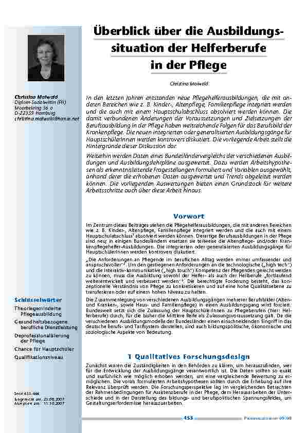 Überblick über die Ausbildungssituation der Helferberufe in der Pflege