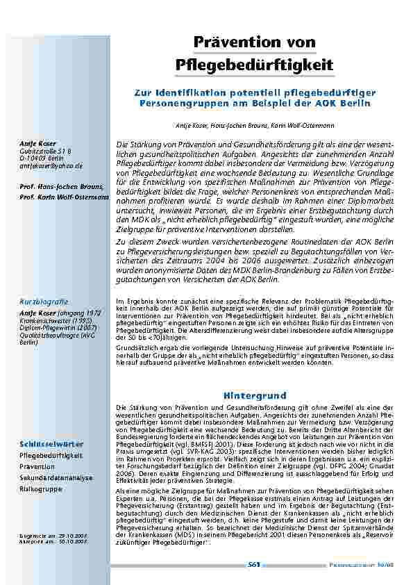 Prävention von Pflegebedürftigkeit Zur Identifikation potentiell pflegebedürftiger Personengruppen am Beispiel der AOK Berlin
