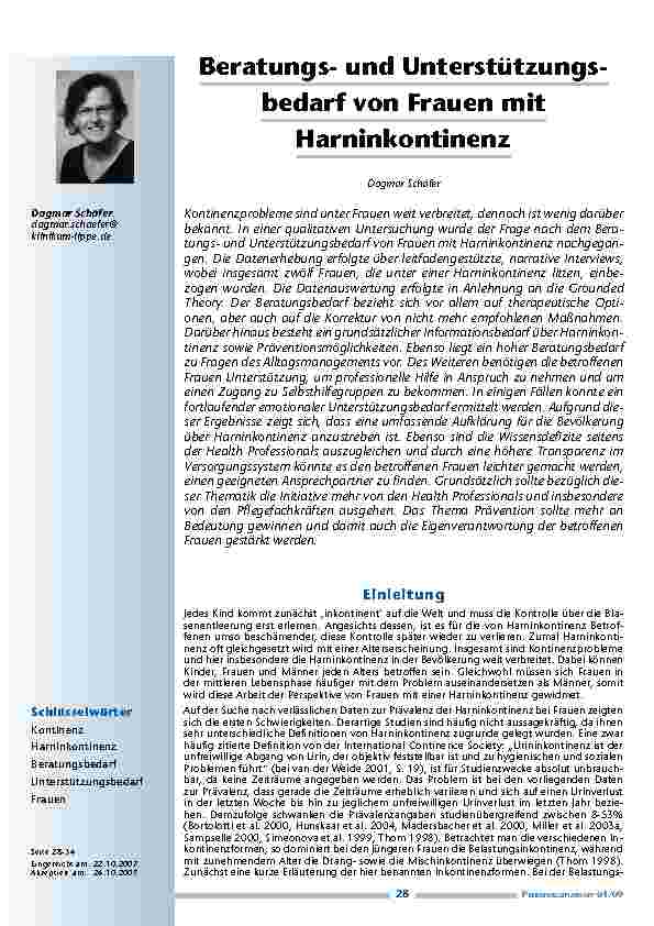 Beratungsund Unterstützungsbedarf von Frauen mit Harninkontinenz
