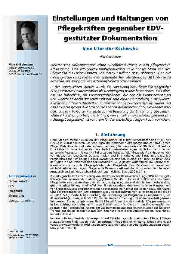 Einstellungen und Haltungen von Pflegekräften gegenüber EDV-gestützter DokumentationEine Literatur-Recherche