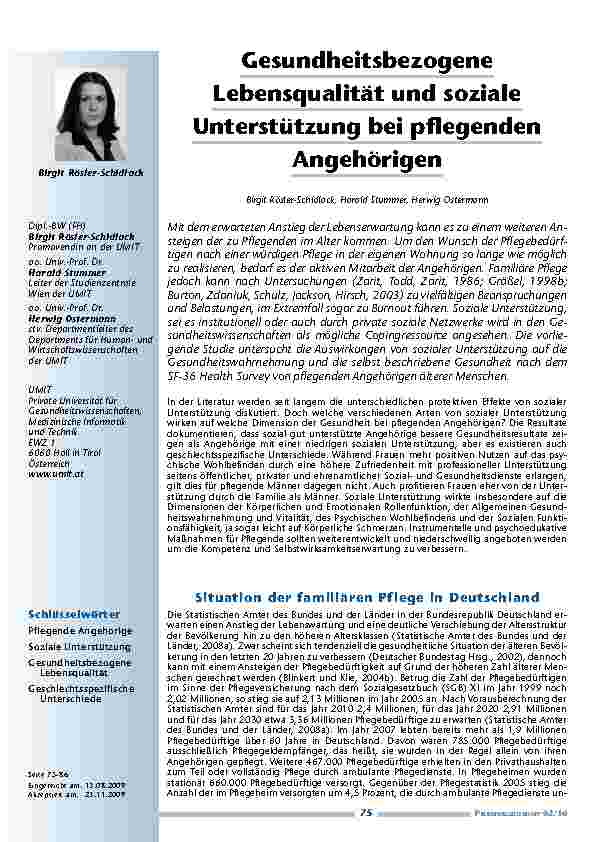 [doc_200097] Gesundheitsbezogene Lebensqualität und soziale Unterstützung bei pflegenden Angehörigen