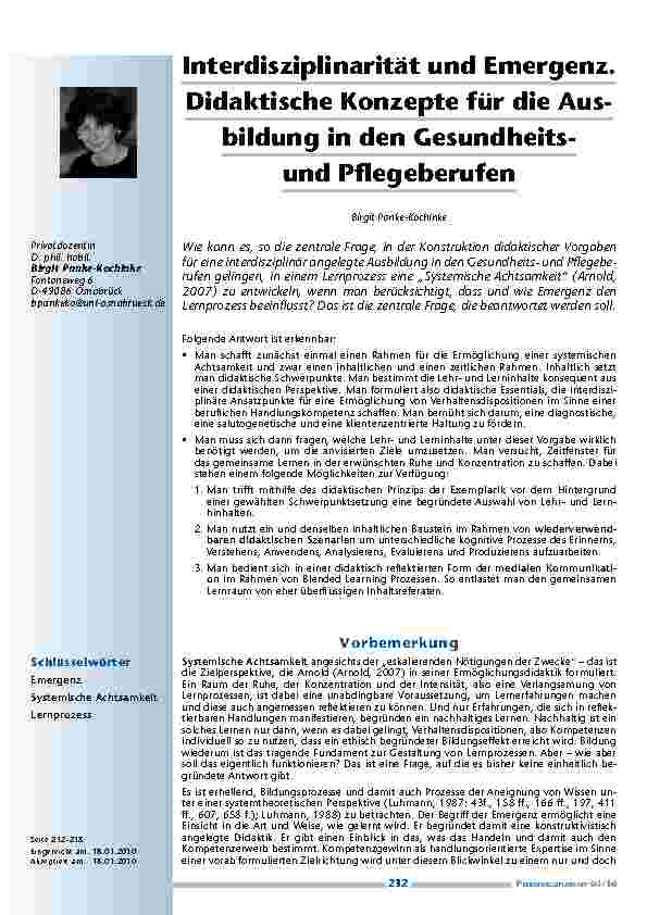 [doc_200073] Interdisziplinarität und Emergenz. Didaktische Konzepte für die Ausbildung in den Gesundheitsund Pflegeberufen