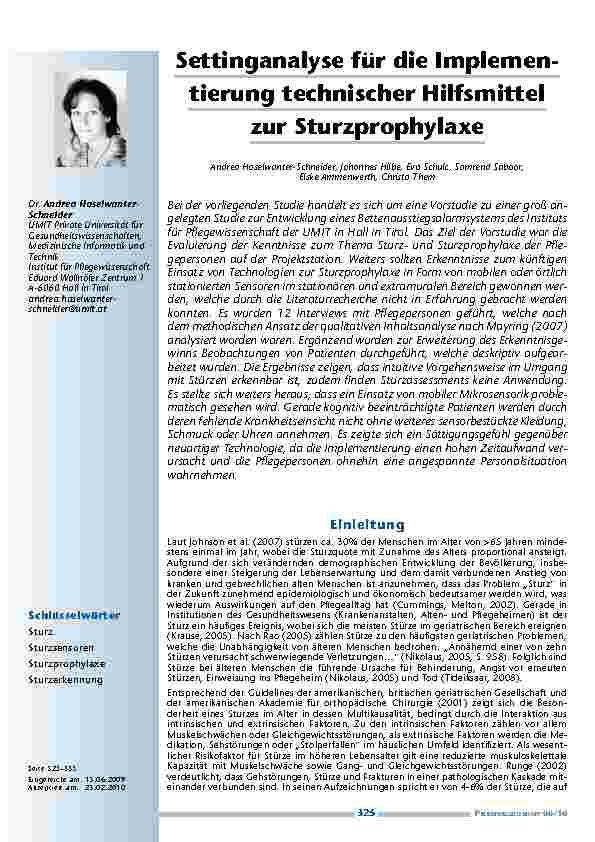 Settinganalyse für die Implementierung technischer Hilfsmittel zur Sturzprophylaxe
