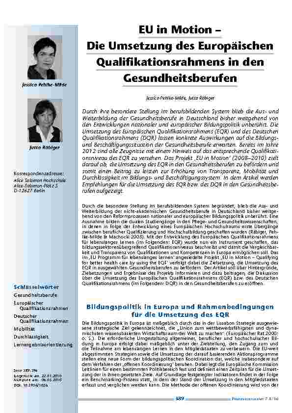 [doc_200052] EU in Motion – Die Umsetzung des Europäischen Qualifikationsrahmens in den Gesundheitsberufen
