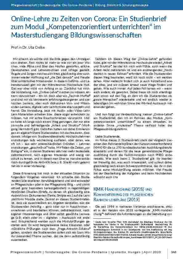 Online-Lehre zu Zeiten von Corona: Ein Studienbrief zum Modul „Kompetenzorientiertes Unterrichten“ im Masterstudiengang Bildungswissenschaften