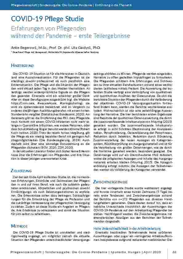 COVID-19 Pflegestudie: Erfahrungen von Pflegenden während der Pandemie – erste Teilergebnisse