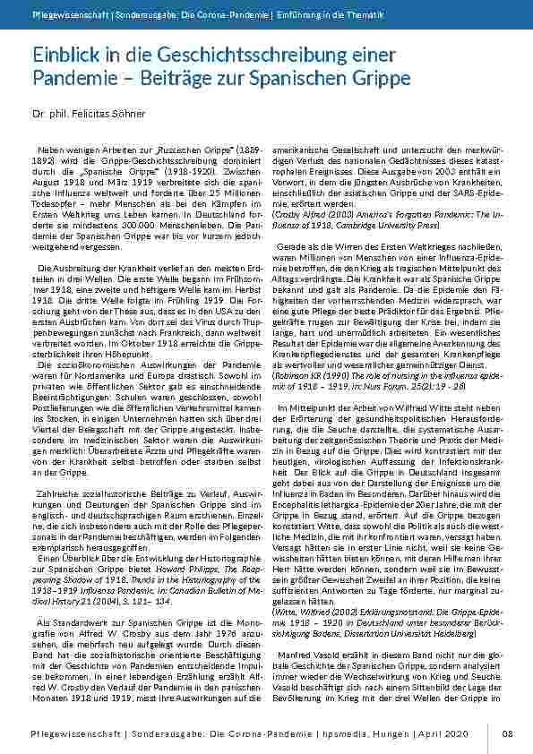 Einblick in die Geschichtsschreibung einer Pandemie – Beiträge zur Spanischen Grippe