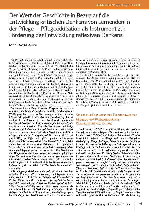 [doc_203126] Der Wert der Geschichte in Bezug auf die Entwicklung kritischen Denkens von Lernenden in der Pflege — Pflegeedukation als Instrument zur Förderung der Entwicklung reflexiven Denkens