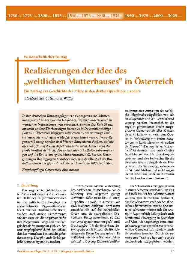 [doc_203060] Realisierungen der Idee des „weltlichen Mutterhauses“ in Österreich. Ein Beitrag zur Geschichte der Pflege in den deutschsprachigen Ländern