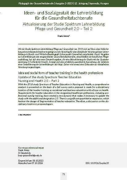 [doc_332655] Ideenund Sozialgestalt der Lehrerbildung für die Gesundheitsfachberufe Aktualisierung der Studie Spektrum Lehrerbildung Pflege und Gesundheit 2. 0 – Teil 2