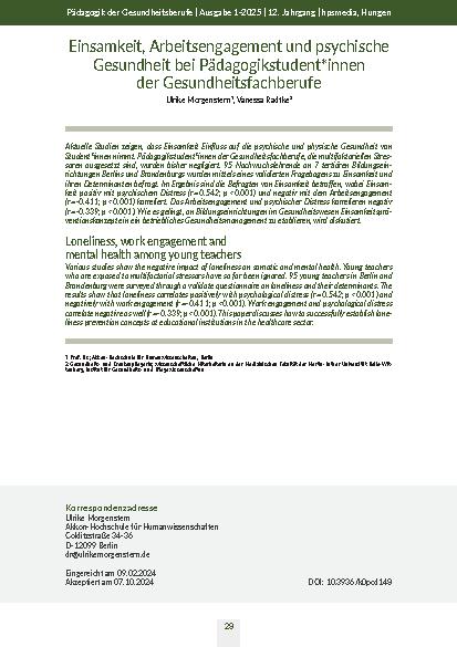 [doc_324282] Einsamkeit, Arbeitsengagement und psychische Gesundheit bei Pädagogikstudent*innen der Gesundheitsfachberufe