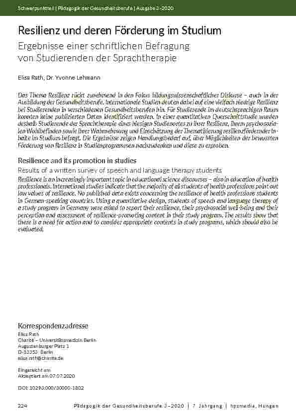 [doc_205594] Resilienz und deren Förderung im Studium: Ergebnisse einer schriftlichen Befragung von Studierenden der Sprachtherapie