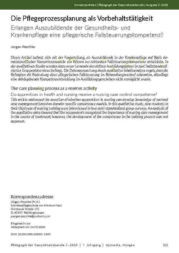 [doc_205593] Die Pflegeprozessplanung als Vorbehaltstätigkeit erlangen Auszubildende der Gesundheitsund Krankenpflege eine pflegerische Fallsteuerungskompetenz?