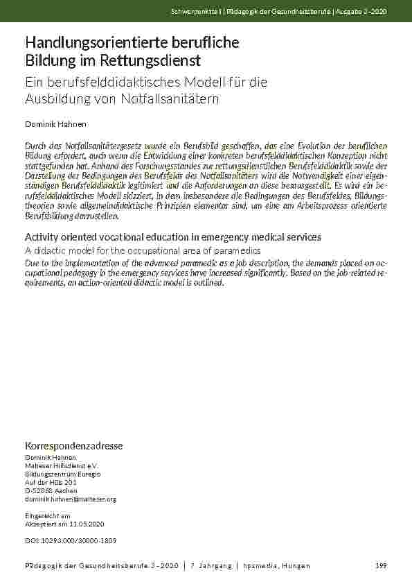 [doc_205592] Handlungsorientierte berufliche Bildung im Rettungsdienst: Ein berufsfelddidaktisches Modell für die Ausbildung von Notfallsanitätern.