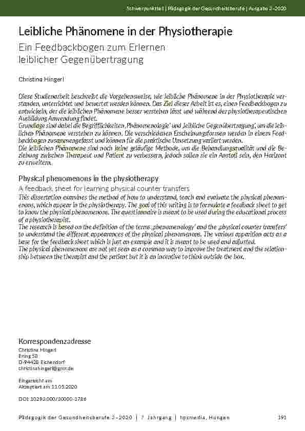 [doc_205591] Leibliche Phänomene in der Physiotherapie: Ein Feedbackbogen zum Erlernen leiblicher Gegenübertragung