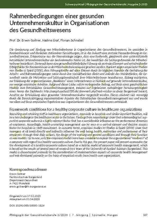 [doc_203468] Rahmenbedingungen einer gesunden Unternehmenskultur in Organisationen des Gesundheitswesens