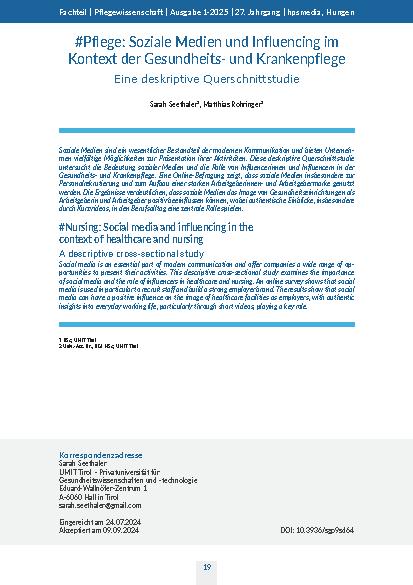 [doc_324943] #Pflege: Soziale Medien und Influencing im Kontext der Gesundheitsund Krankenpflege Eine deskriptive Querschnittstudie