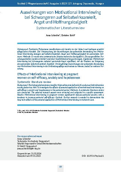 [doc_324942] Auswirkungen von Motivational Interviewing bei Schwangeren auf Selbstwirksamkeit, Angst und Hoffnungslosigkeit Systematischer Literaturreview