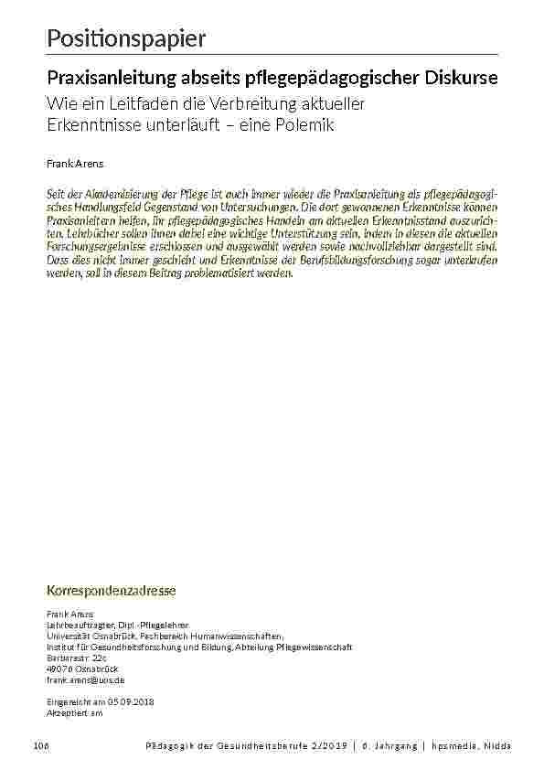 Positionspapier: Praxisanleitung abseits pflegepädagogischer Diskurse. Wie ein Leitfaden die Verbreitung aktueller Erkenntnisse unterläuft – eine Polemik