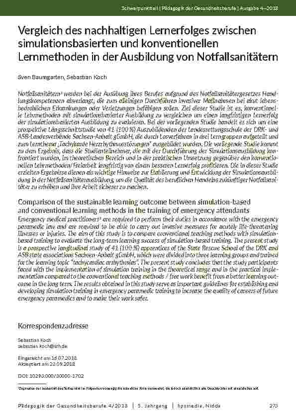 Vergleich des nachhaltigen Lernerfolges zwischen simulationsbasierten und konventionellen Lernmethoden in der Ausbildung von Notfallsanitätern
